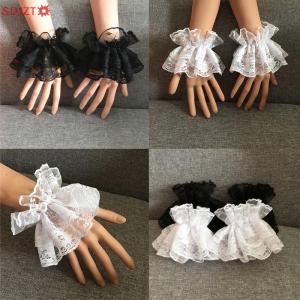 🚚【Local Express Delivery】🚚 Lolita Hand Sleeve Wrist Cuffs Ruffled Floral Black Lace Elastic Bracelet Elegant Ladies Short Lace Gloves Halloween