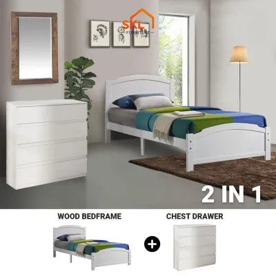 [FREE DELIVERY] SKL Furniture White Single Bedroom Set - Bedframe + Wardrobe + Chest Of Drawer / Almari Baju