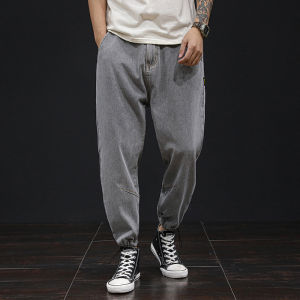 Plus Size Mens Jogger Jeans Relaxed Fit Tied Ankle Length Denim Daddy Pants Grey Light Blue