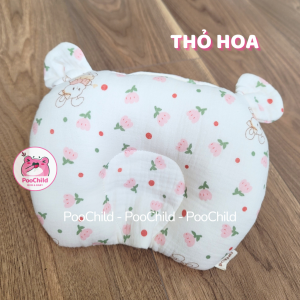 Gối cho bé sơ sinh chống bẹp đầu PooChild gối lõm chống méo đầu xô muslin gối nằm em bé cao cấp