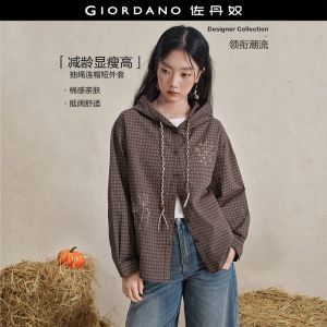 Giordano Women Plaid embroidery drawstring hooded shacket Free Shipping 18376308