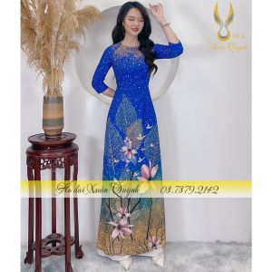 Áo Dài Lụa Habutai Cao Cấp Hoa Phối Chấm Bi Sang Trọng K66 Xanh - Áo Dài Xuân Quỳnh
