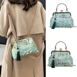 LANGJ เรโทร กระเป๋าฉีเผา ดอกไม้ประดับดอกไม้ สง่างามเรียบหรู กระเป๋าถือสไตล์จีน ของเก่าแบบโบราณ จุได้มาก กระเป๋าสะพายไหล่รูปจูบ ผู้หญิงผู้หญิงผู้หญิง