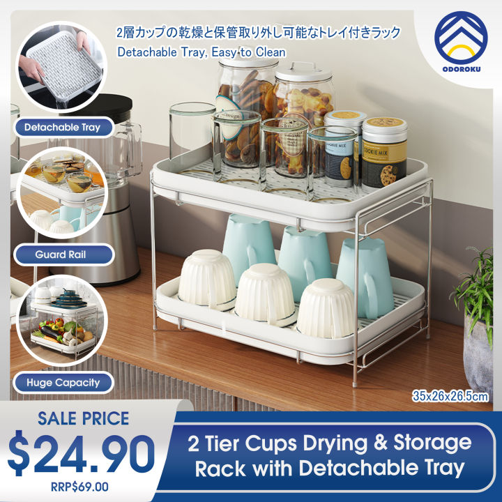 ODOROKU 2 Tier Cup Drying Rack Stand with Detachable Drain Tray Cups