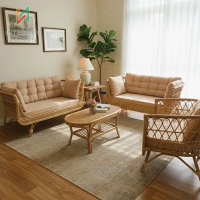 Set Kursi Sofa Bianca Plus Meja Rotan Alami Minimalis Furnitur Aesthetic