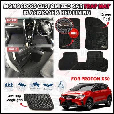 PROTON X50 🔥 MONOCROSS CarMat TRAPMAT Customize Car Floor Mat Black With Red Lining Free Logo Pelapik Kaki Kereta (3 pcs) (FRONT & REAR) No Smell Water Proof Anti Slip