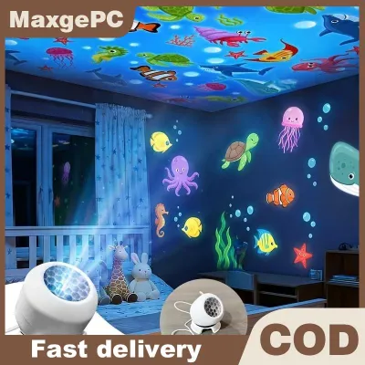 MaxgePC Đèn chiếu LED đại dương đầy sao đèn ngủ chiếu hình động xoay chuyển chủ đề đại dương đèn tạo không gian cắm USB đèn trang trí