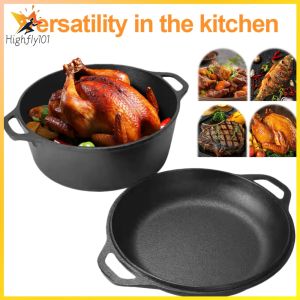 Durable Cast Iron Dutch Oven with Lid for Baking and Frying 2 in 1 Versatile Cookware for Outdoor and Kitchen