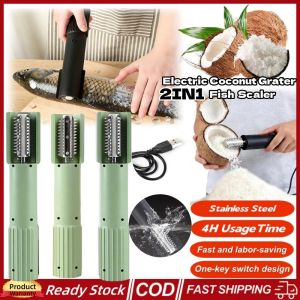 2 IN 1 Electric Coconut Grater Fish & Scale Remover Portable Handheld Rotating Fish Scaler with Stainless Steel Blades One