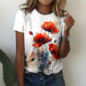 Watercolor Red Flower Womens T-shirt - Art Leisure Fashion Loose and Comfortable Summer Short Sleeve