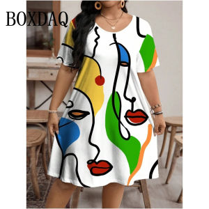 2026 Fashion Women Dress Painted Art Face Streetwear Pattern Print Summer Dress Casual Short Sleeve Loose Dresses Plus Size 9XL