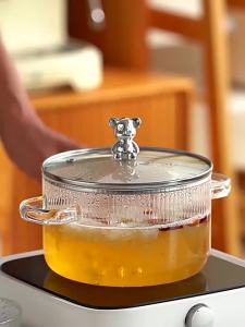 LZD  New Striped Borosilicate Glass Pot Electric Ceramic Stove Heating Cooking Noodle Pot Cute Cartoon Button Large Capacity Stew Pot