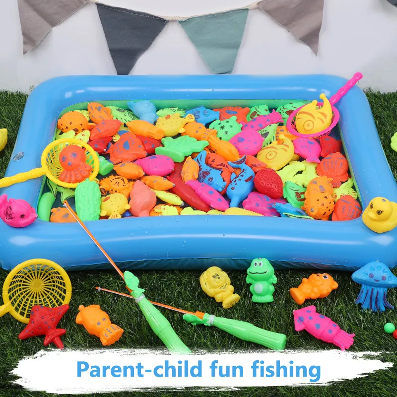 RUICHENG 46PCS Magnetic Fishing Pool Toys Game for Kids Water Table  Bath-tub Kiddie Party Toy with Pole Rod Net Plastic Floating Fish Toddler  Color Ocean Sea Animals
