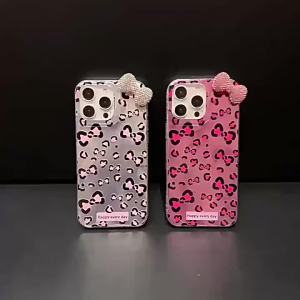 Sparkling Diamond Bowknot Compatible with Apple 16promax Leopard Print Couple Phone Case 13 Three-Dimensional 14/15pro Girls Shell