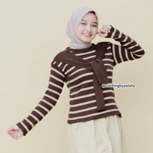 Atasan Rajut Blouse ALIKA Stripes / Sweater Belang Model Syal Menyatu