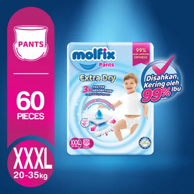 [3 Packs] Molfix Extra Dry Pants Baby Diaper Jumbo Pack (S66/M58/L48/XL42/XXL36/XXXL20)
