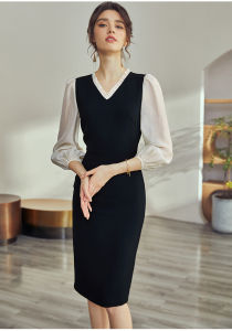 Đầm đen phối tay trắng viền bèo trắng cổ tim dáng váy suông ôm bút chì