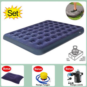 （FREE Bantal ）Kasur Angin Karet 185cm x137cm Matras Lazy Bag SINGLE Bestway Kasur Angin Double + Pompa Listrik Lem - Biru/Putih