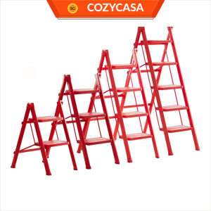 【COZYCASA】Red Folding Ladder / Lightweight Carbon Steel Ladder / Anti-Slip Lightweight Home Ladder