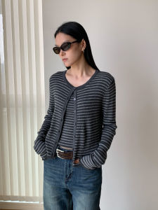2026 Early Fall Women Vintage Striped Knit 2Pcs Set Crew Neck Single Breasted Cardigan