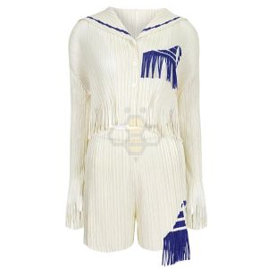 ☫ Aiden001 Average Size Shirt Shorts Sailor Two-Piece Womens Summer Tassel Contrast Color High Waist Shorts Suit 6146