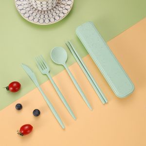 4Pcs/set Tableware Spoon Fork Chopsticks Knife Cutlery with Box for Children Adult Travel Portable Wheat Straw Tableware Case