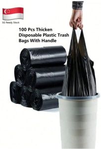 (SG Ready Stock) 100Pcs Thicken Disposable Black Plastic Trash Bags With Handle