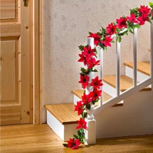 CHRISTMAS GARLAND WITH  LEAVES SET AND POINSETTIA FLOWERS CHRISTMAS DECORATION AND GARLAND SET