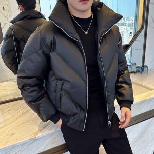 แจ็กเก็ตปกตั้งของบุรุษเสื้อแจ็คเก็ตเสริมไหล่ผ้าคอตตอนหนังสไตล์พียูหนาทรงหลวมสำหรับฤดูหนาว