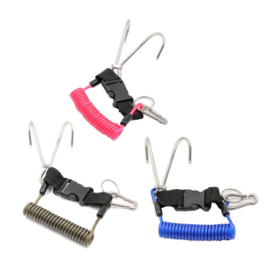 Stainless Steel Reef Double Hook Double End Diving Hook with Spiral Coil Lanyard & Quick Release Buckle Easy to Use
