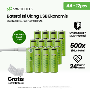 Baterai Cas Isi Ulang 12pcs Smartoools MicroBatt Ukuran AA 1.2V dengan port USB Type-C Rechargeable NiMH Battery Isi Ulang 500 Kali Bonus Casing Baterai