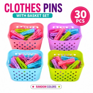 Clothespins 30pcs + 1 Basket Clothes Pegs Laundry Drying Clips Strong Grip Reusable Household Essentials