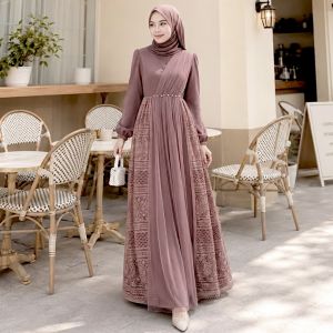 EmmaQueen - Dress Heidy Gamis Kondangan Terbaru Mewah Elegan Kombinasi Tulle Brukat mix Mutiara XS/XXL Busui