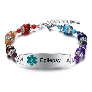 Bohemian Beaded Medical Alert Bracelet Epilepsy Emergency ID Bracelet for Women Colorful Natural Stone Medical Identification Wristband