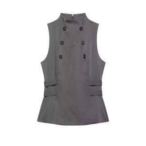 HH Fashion Women Buttons High Collar Sleeveless Back Zipper Vest Top Casual Slim Solid Elegant Woman 2026 Street Short Top2026