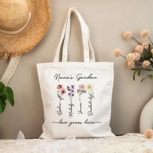 Mothers Day gift for grandma nanny garden gift for grandma floral tote bag for grandma personalized tote bag with birth flowers for grandma with grandkids names.