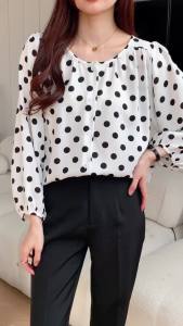 Ammin phong cách Hàn Quốc R chấm bi thời trang In tay áo phồng Áo voan Phụ Nữ 2024 Mùa Xuân/Mùa Hè Vòng cổ đơn giản Tay áo dài Một hàng khuy áo blouse thanh lịch