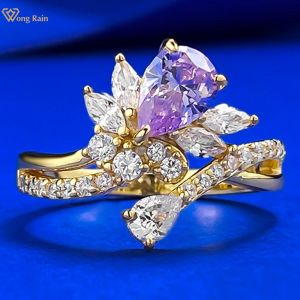Wong Rain 925 Sterling Silver Pear Cut 5*7 MM Amethyst High Carbon Diamond Gemstone Wedding Party Rings Fine Jewelry Wholesale