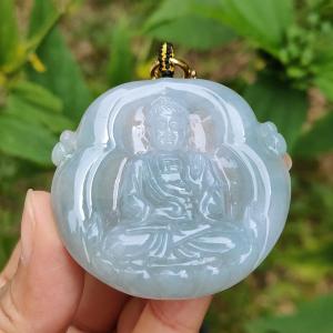 Semi Icy Bluish Green Hue Natural Type A Jadeite Pendant Crafted as Buddha with certificate included weigh 26.65 grams 48.3 * 48.9 * 7 mm suitable for daily wear