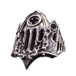 Gothic Cathedral Crossed Openable Ring Intricate Church Window Relief Design Lightweight Silver Tone
