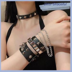 Ditur Punk Gothic Skull Bracelet Chains Metal Spikes PU Leather Wristband Cuff Bangle Wide Cuff Bracelet Women Men Jewelry