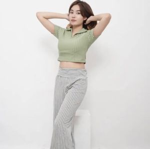 Kaos Kerah Polo Shirt Wanita knit Crop Top Korea Polos Atasan Pendek