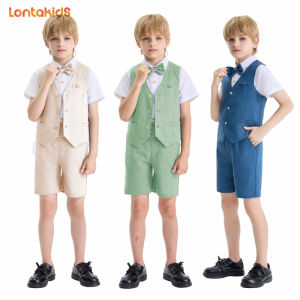 lontakids Boys 4Pcs Suits Wedding Attire Slim Fit Tuxedos Beige Green Blue Summer Casual Linen Vest Pant