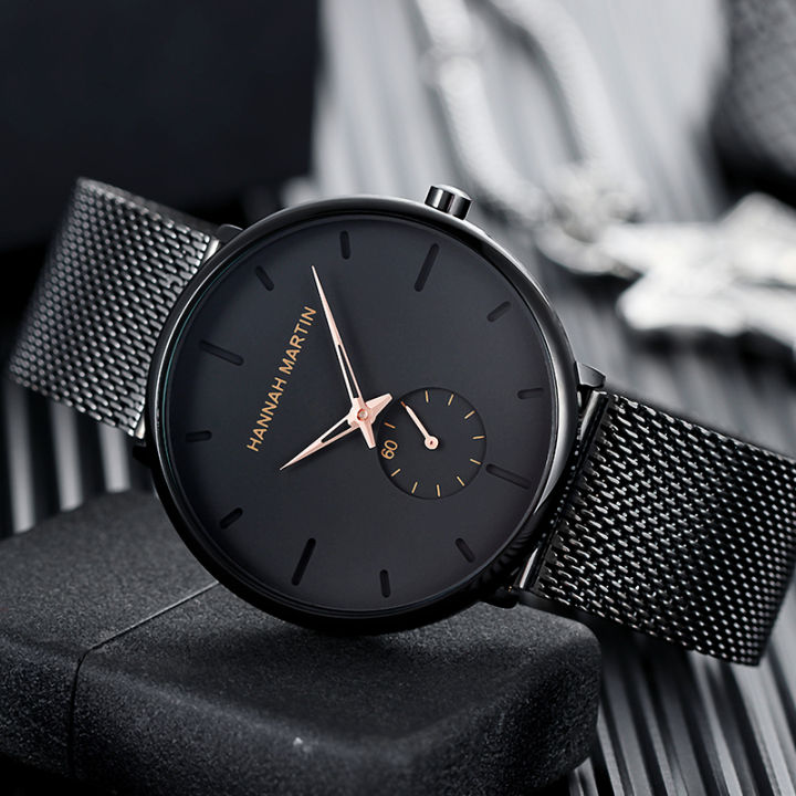 Jam Tangan Pria Sangat tipis Hannah Martin 100% Original korea fashion Cowok kado ulang tahun Jam anti air Quartz laki laki Arloji Tahan Air murah cowo tangan simple Men Watch Stainless steel mesh belt COD