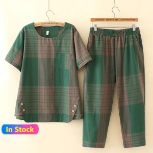 LOMOGI Set Plus Size Suit Female Summer Korean Style Plaid Blouse+Casual Pants Loose Two-piece Suit/Single Top
