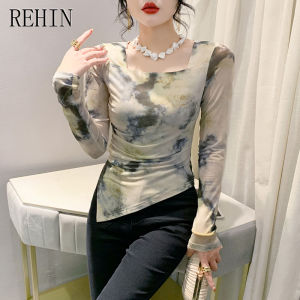 REHIN Spring new Slim fashion halo pleated square neck long-sleeved T-shirt trendy elegant women blouse