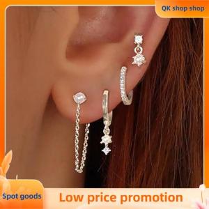 ✨QK shop✨ 4PCS Chain Huggie Earring Set For Women Fashion Flower Tragus Hoop Earrings Bulk Cartilage Helix Jewelry Lobe Earing