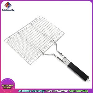 Vodool Outdoor Camping BBQ Rack Stainless Steel Fish Grill Basket with Detachable Handle Grilling Basket 8.6*12.6 Inch for Fish Vegetables Steak Shrimp Chops