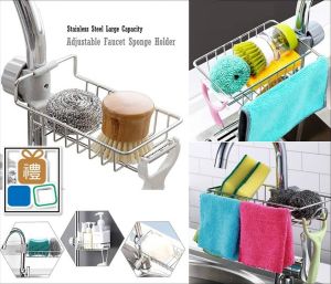 HOME BEST 1pc Stainless Steel Faucet Storage Racks Adjustable Sink Rag Sponge Draining Rack Kitchen Bathroom Storage Holders Shelves  Rak Penyimpanan Keran Keluli Tahan Karat Sink Rag Sponge Draining Rack Adjustable Dapur Penyimpanan Bilik Mandi FZ1-0014