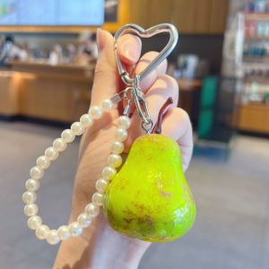 SHUBA Imitation-Pearl Fruit Key Chain Glossy-Finish Realistic-Resin Resin Bag Charm Realistic Pear Pendant Lightweight Pearl Beaded Key Ring School Bag Decor
